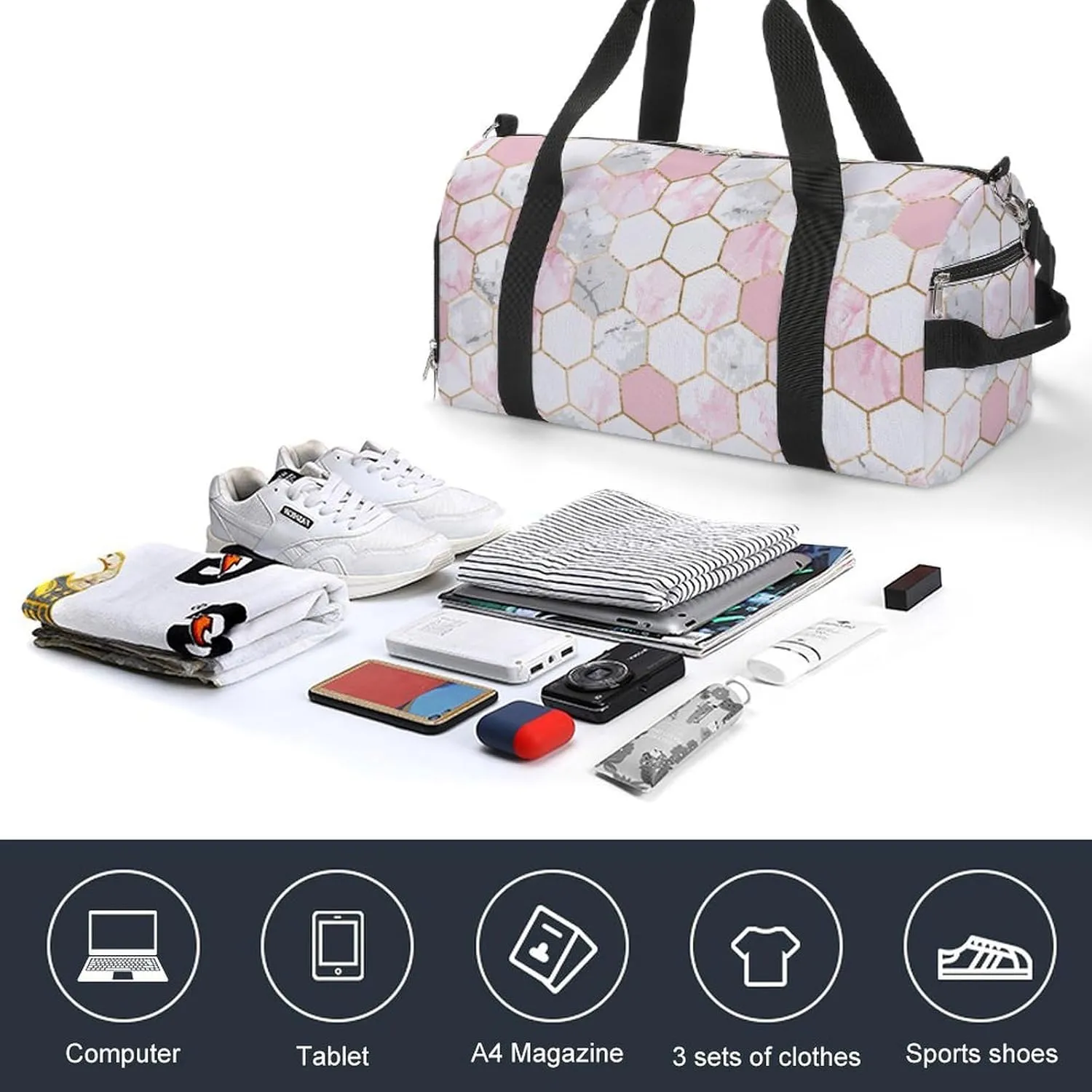 Geometric Gold Rose Pink Gray White Marble Hexagon Tile Texture A Fitness Bag with Large Storage Space Is Suitable for Portable Outdoor Use