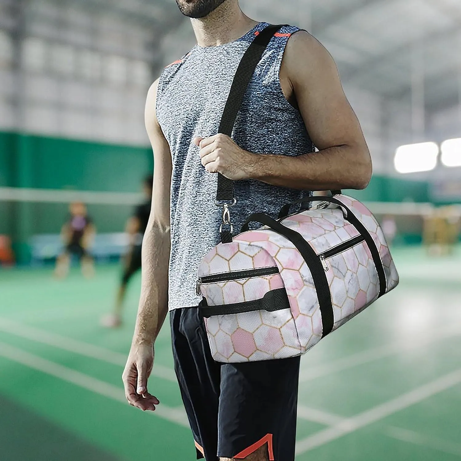 Geometric Gold Rose Pink Gray White Marble Hexagon Tile Texture A Fitness Bag with Large Storage Space Is Suitable for Portable Outdoor Use