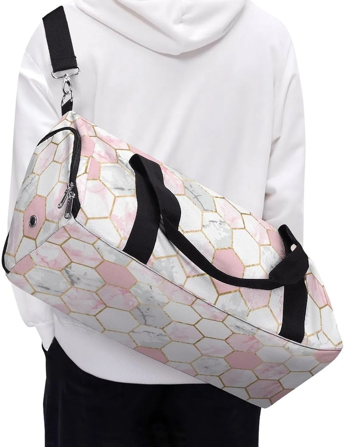 Geometric Gold Rose Pink Gray White Marble Hexagon Tile Texture A Fitness Bag with Large Storage Space Is Suitable for Portable Outdoor Use