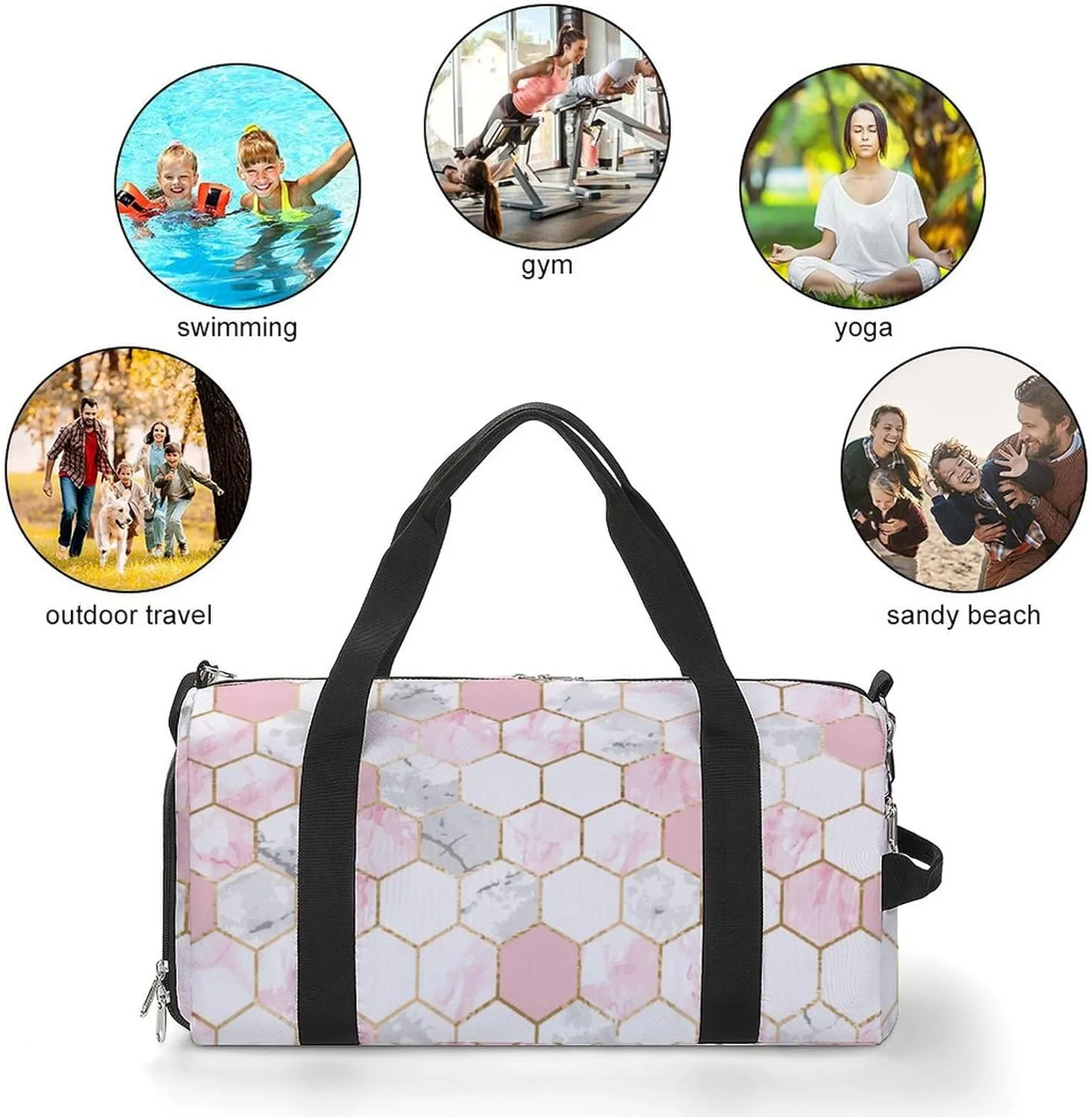 Geometric Gold Rose Pink Gray White Marble Hexagon Tile Texture A Fitness Bag with Large Storage Space Is Suitable for Portable Outdoor Use
