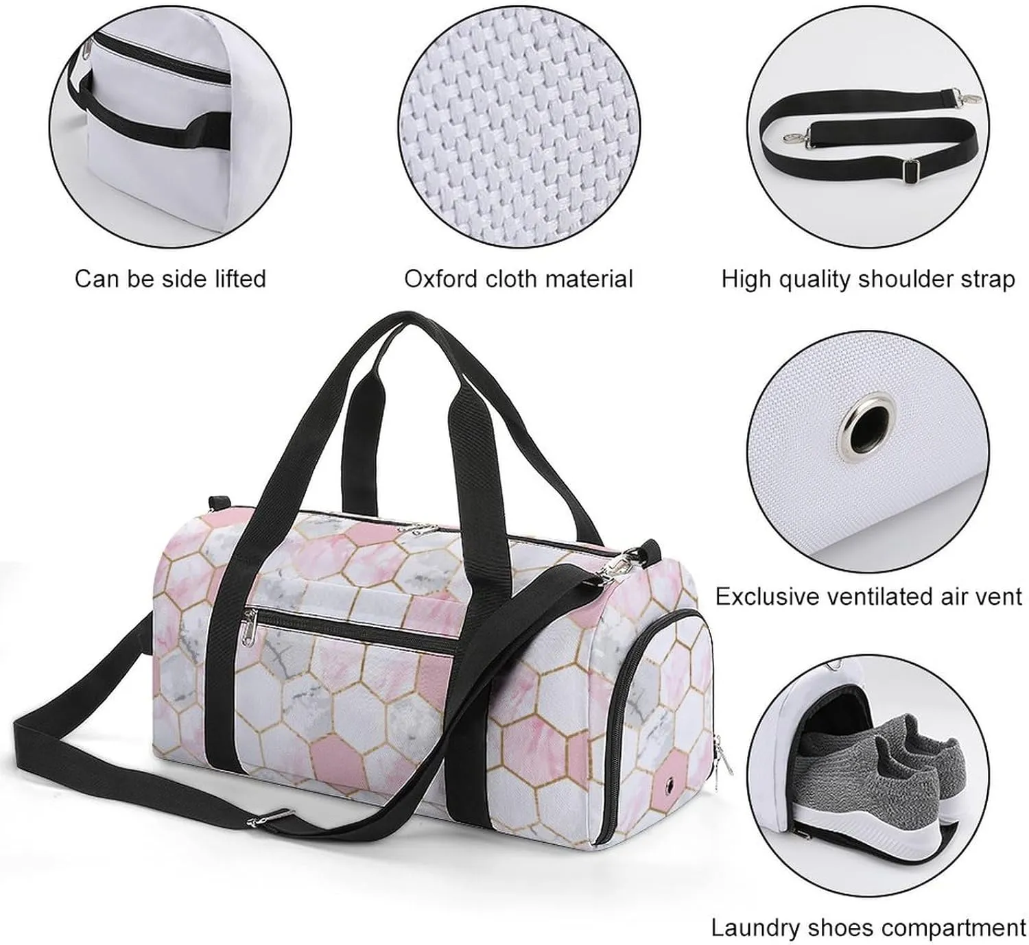 Geometric Gold Rose Pink Gray White Marble Hexagon Tile Texture A Fitness Bag with Large Storage Space Is Suitable for Portable Outdoor Use