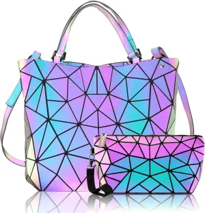 Geometric Purse for Women,Geometric Luminous Crossbody Bags and Holographic wallets Set-A