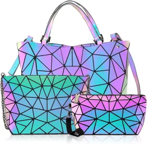 Geometric Purse for Women,Geometric Luminous Crossbody Bags (Large) and Holographic Clutch Set-3a