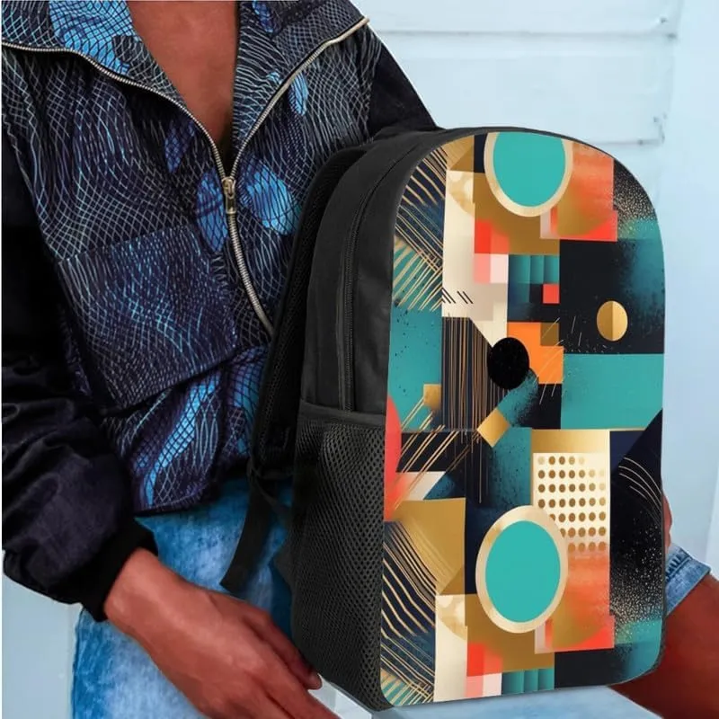 Geometric Rhombic Modern 3 in 1 School Bags Set Backpacks With Ethnic Tribal Circular Lunch Bags and Pencil Case for Teens Students Boys Girls