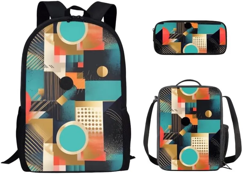 Geometric Rhombic Modern 3 in 1 School Bags Set Backpacks With Ethnic Tribal Circular Lunch Bags and Pencil Case for Teens Students Boys Girls