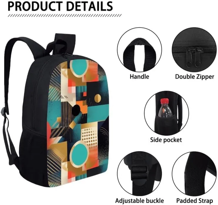 Geometric Rhombic Modern 3 in 1 School Bags Set Backpacks With Ethnic Tribal Circular Lunch Bags and Pencil Case for Teens Students Boys Girls
