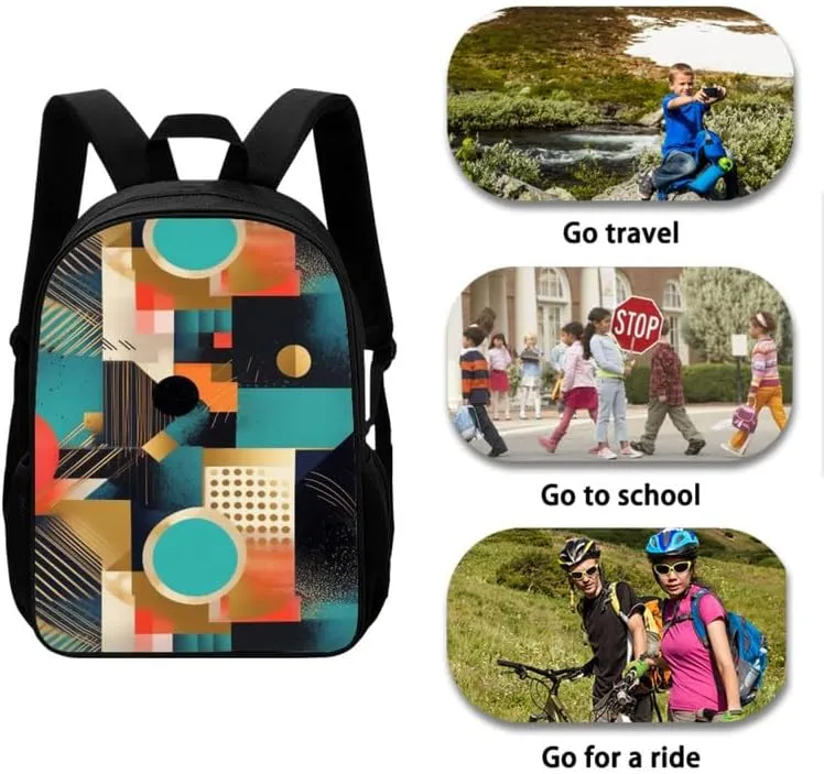 Geometric Rhombic Modern 3 in 1 School Bags Set Backpacks With Ethnic Tribal Circular Lunch Bags and Pencil Case for Teens Students Boys Girls