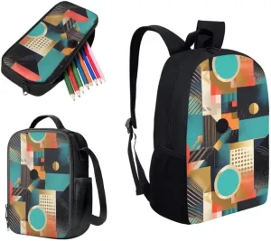 Geometric Rhombic Modern 3 in 1 School Bags Set Backpacks With Ethnic Tribal Circular Lunch Bags and Pencil Case for Teens Students Boys Girls