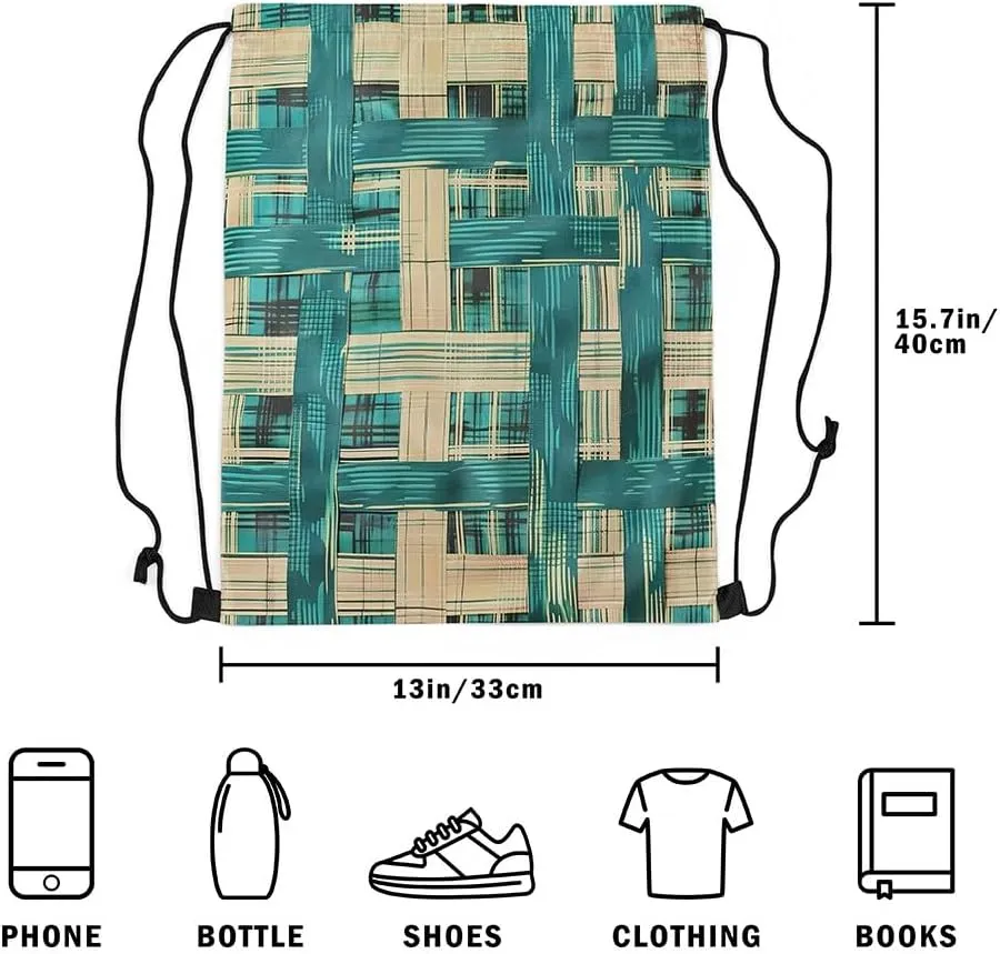 Geometric Striped Drawstring Backpack 16x20 Inch,Brown and Taupe Rope Plaid String Bag,Geometry Reversible Cinch Bag,Modern Abstract String Backpack for Sport Gym Swim Camping Traveling