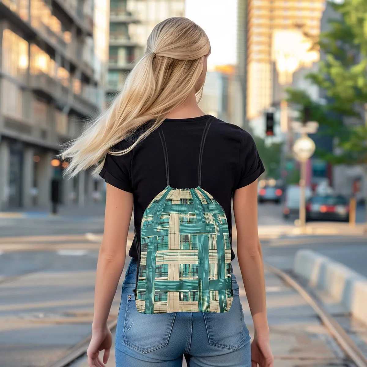 Geometric Striped Drawstring Backpack 16x20 Inch,Brown and Taupe Rope Plaid String Bag,Geometry Reversible Cinch Bag,Modern Abstract String Backpack for Sport Gym Swim Camping Traveling