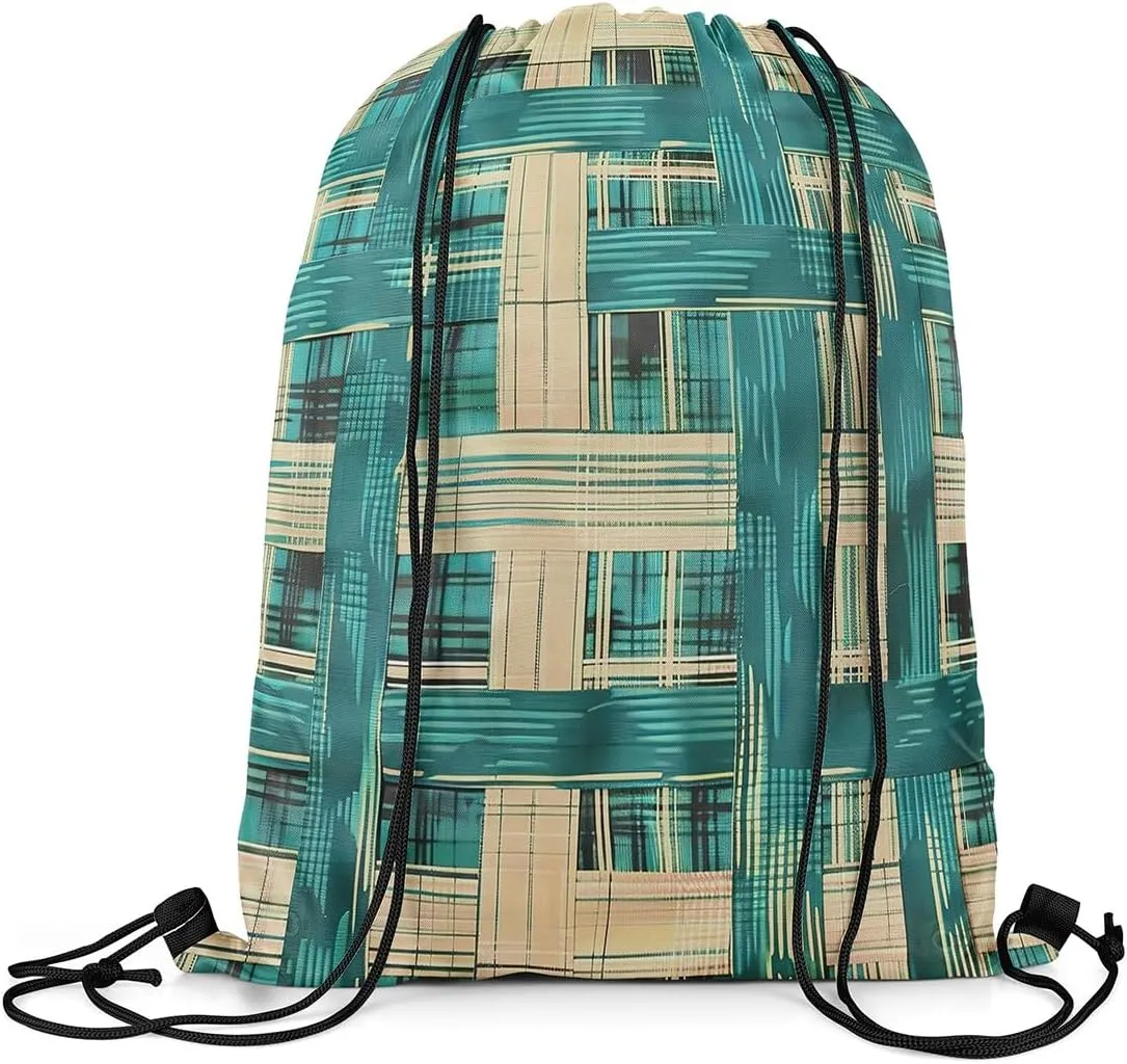 Geometric Striped Drawstring Backpack 16x20 Inch,Brown and Taupe Rope Plaid String Bag,Geometry Reversible Cinch Bag,Modern Abstract String Backpack for Sport Gym Swim Camping Traveling