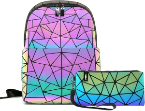 Geometric Women's Backpack Geometries Glow Large Purse Laptop Backpack Geometrical Luminous Laptop Bag Holographic Travel Bags Retro Daypack for Casual, College, Work Set-B