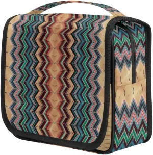 Geometric Zig Zag Stripes Travel Toiletry Bag for Women Portable Waterproof Travel Makeup Bag with Hanging Hook Makeup Cosmetic Organizer for Travel Business Trip Camping Bathroom