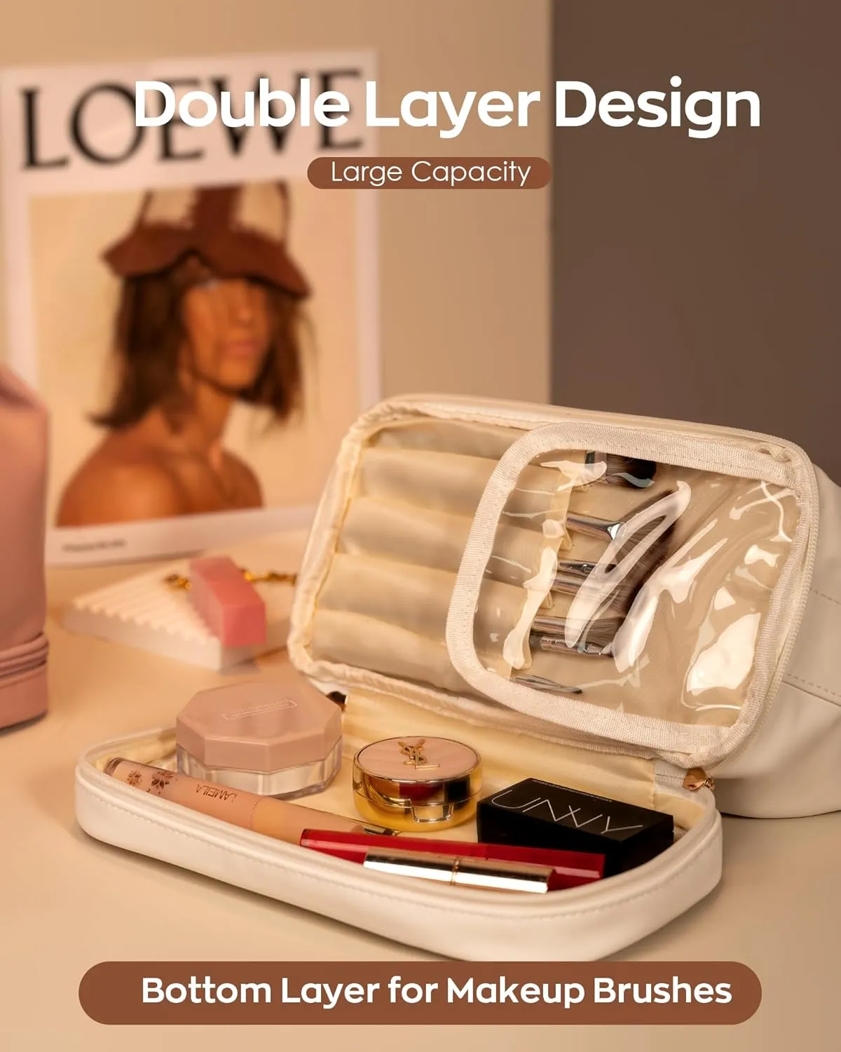 Gifts for Mom, Letter Makeup Bag, Personalized Double Layer Cosmetic Bag with Makeup Brush Organizer, Birthday Gifts for 5 6 7 8 9 10 11 12 Year Old Girls-Graduation Gifts for Her