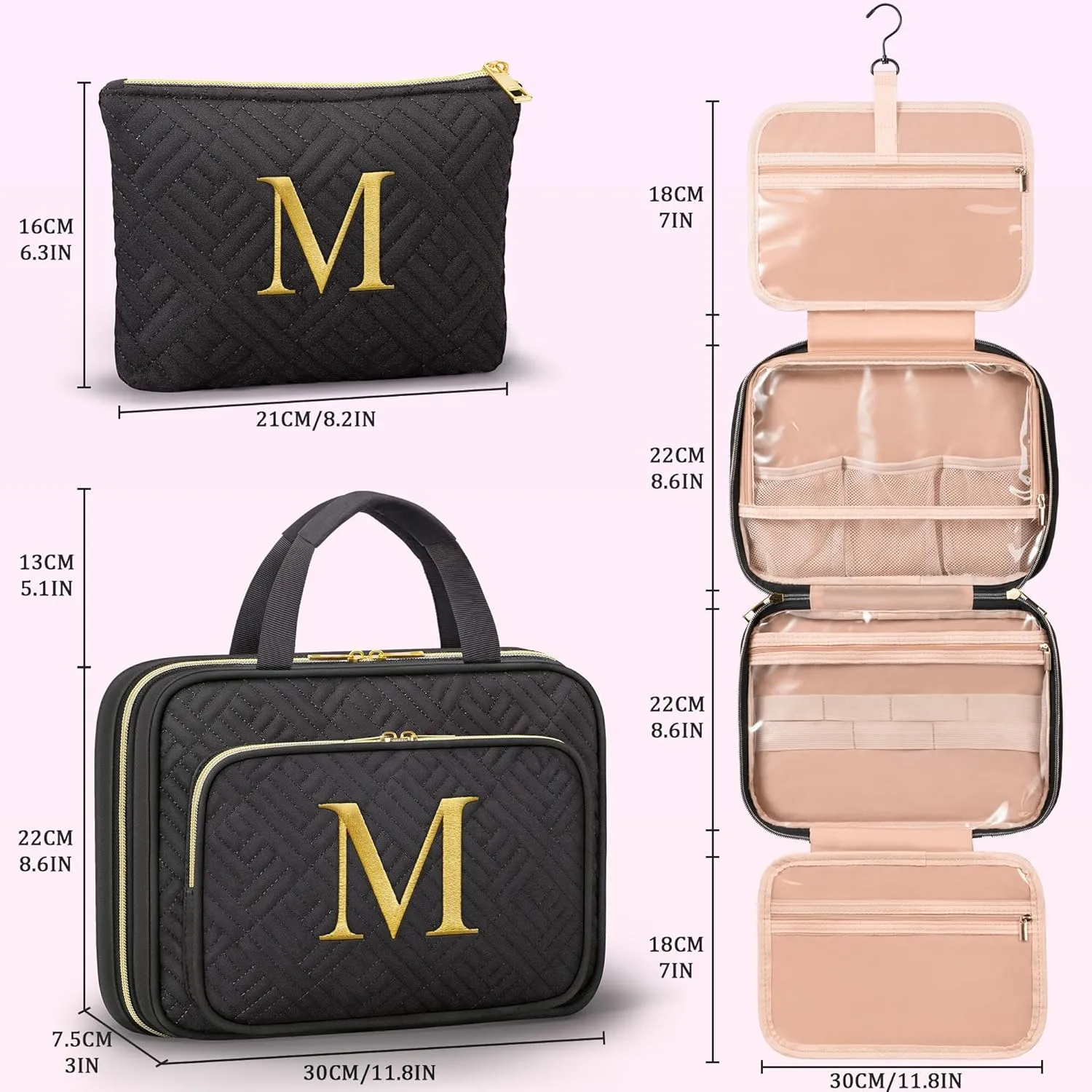 Gifts for Women, Initial Toiletry Makeup Bag Hanging Cosmetic Organizer with Embroidery Letter Personalized Nurse Teacher Appreciation Gift Birthday Mothers Day Gifts for Mom Sister Wife Friend Auntie