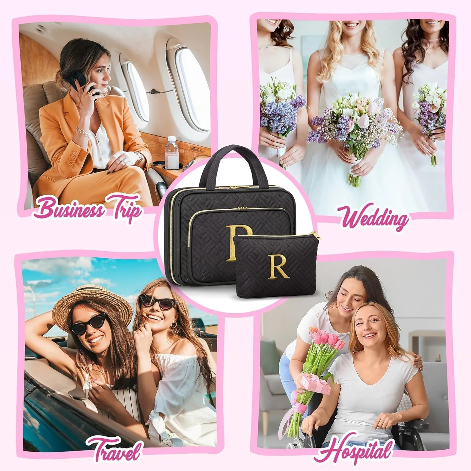 Gifts for Women, Initial Toiletry Makeup Bag Hanging Cosmetic Organizer with Embroidery Letter Personalized Nurse Teacher Appreciation Gift Birthday Mothers Day Gifts for Mom Sister Wife Friend Auntie