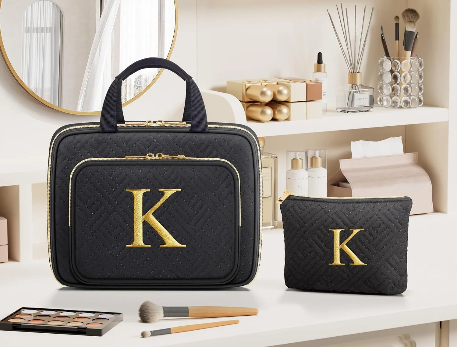 Gifts for Women, Initial Toiletry Makeup Bag Hanging Cosmetic Organizer with Embroidery Letter Personalized Nurse Teacher Appreciation Gift Birthday Mothers Day Gifts for Mom Sister Wife Friend Auntie