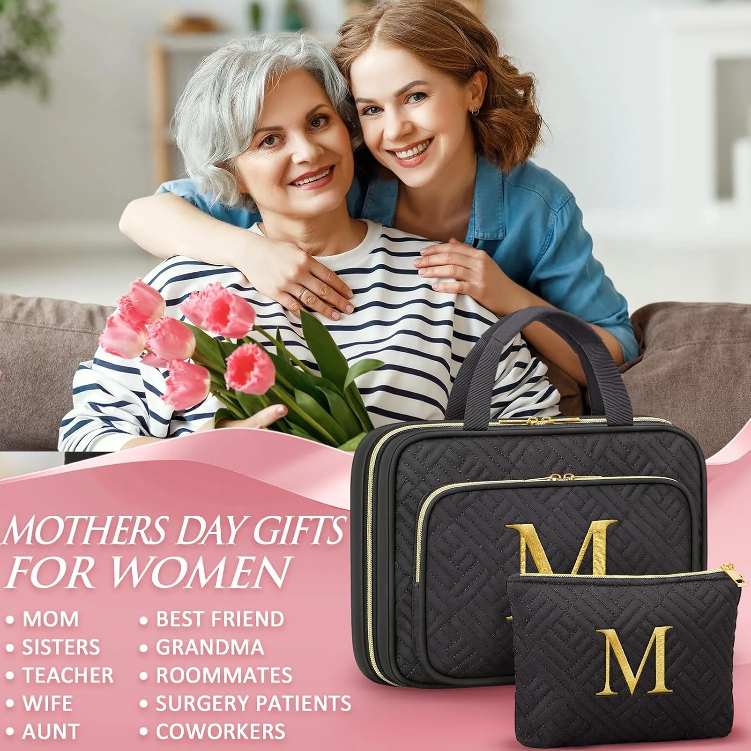 Gifts for Women, Initial Toiletry Makeup Bag Hanging Cosmetic Organizer with Embroidery Letter Personalized Nurse Teacher Appreciation Gift Birthday Mothers Day Gifts for Mom Sister Wife Friend Auntie