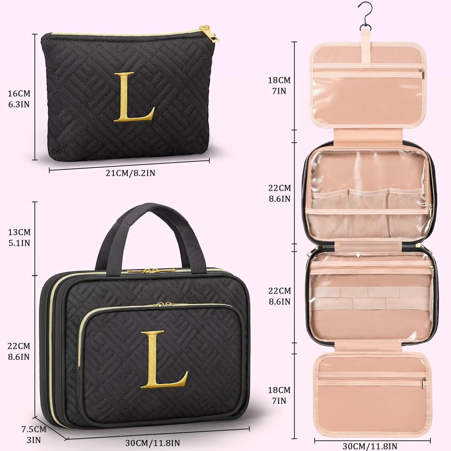 Gifts for Women, Initial Toiletry Makeup Bag Hanging Cosmetic Organizer with Embroidery Letter Personalized Nurse Teacher Appreciation Gift Birthday Mothers Day Gifts for Mom Sister Wife Friend Auntie