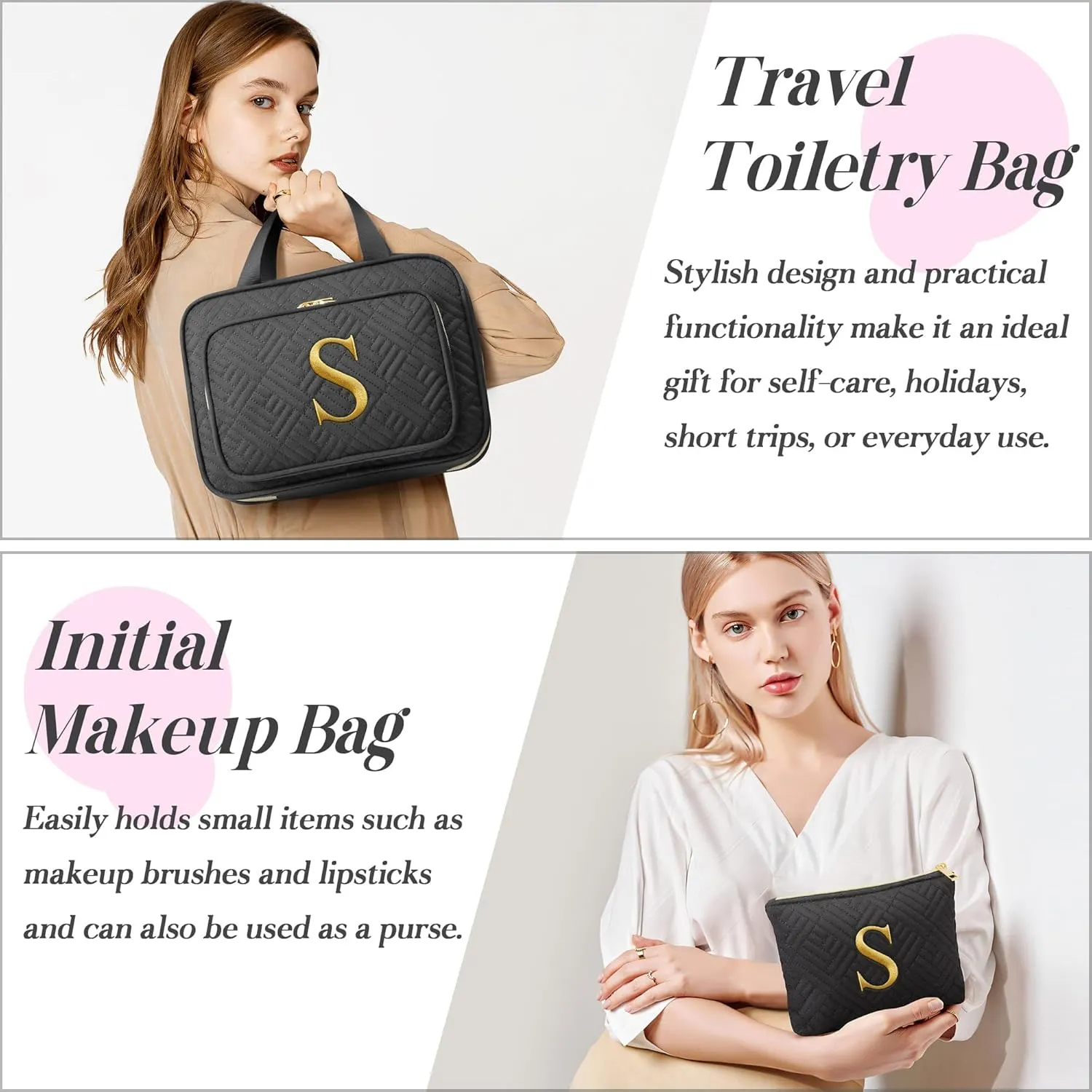 Gifts for Women, Initial Toiletry Makeup Bag Hanging Cosmetic Organizer with Embroidery Letter Personalized Nurse Teacher Appreciation Gift Birthday Mothers Day Gifts for Mom Sister Wife Friend Auntie