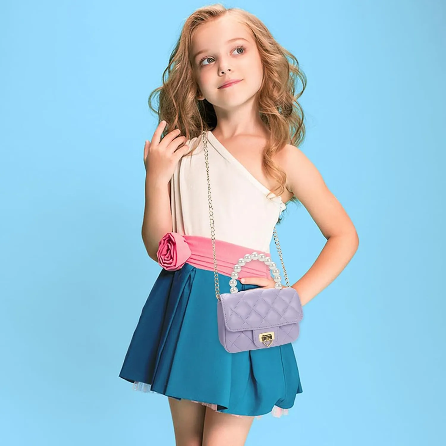 Girls Purses for Kids, Toddler Crossbody Bag with Pearl Handle, Kids Chain Handbag Heart Purses for Girls