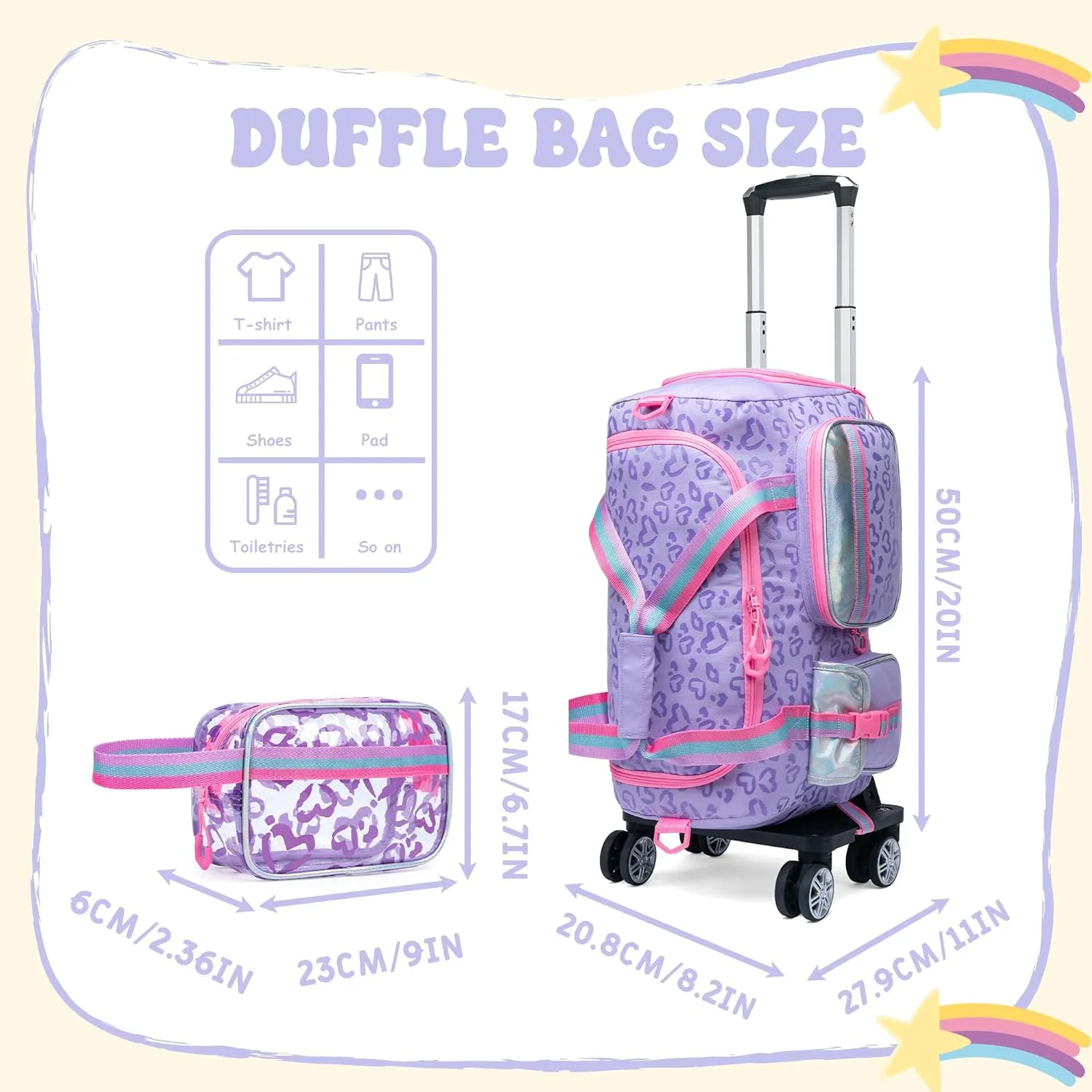 Girls Rolling Duffel Bag with Wheels - Travel Bag for Kids, Overnight, Dance & Gym Use with Shoe Compartment