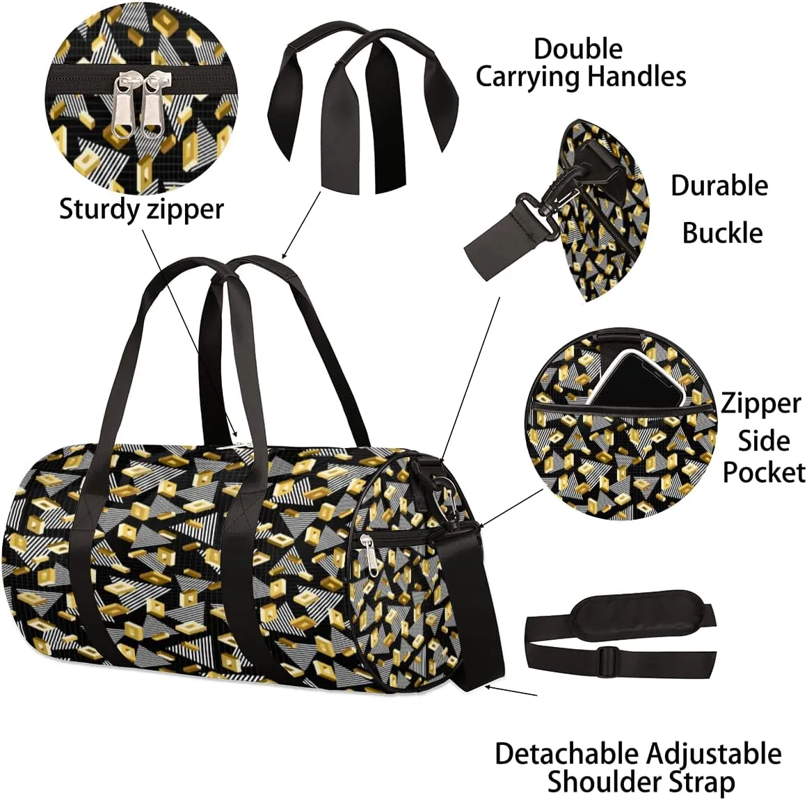 Gold Grid Geometric Gym Bag Small Gym Duffel Bags for Men Women Overnight Weekender Bag Lightweight Sport Duffle Bag Carry On Gymbag