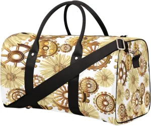 Gold Wheel Gear Flower Duffel Bag Sport Gym Duffle Bag Travel Bag Waterproof Weekender Overnight Tote Bag Foldable Carry on Bag Training Shoulder Bag for Women Men