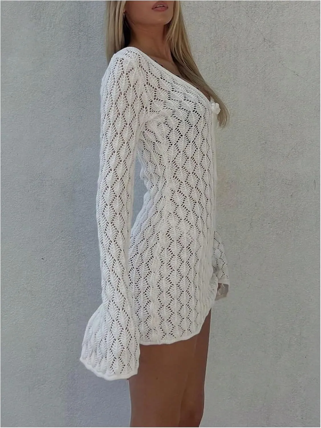 GORGLITTER Women's Crochet Bikini Cover Up Dress Cut Out Long Sleeve Beach Bathing Suit Swimsuit Outfits