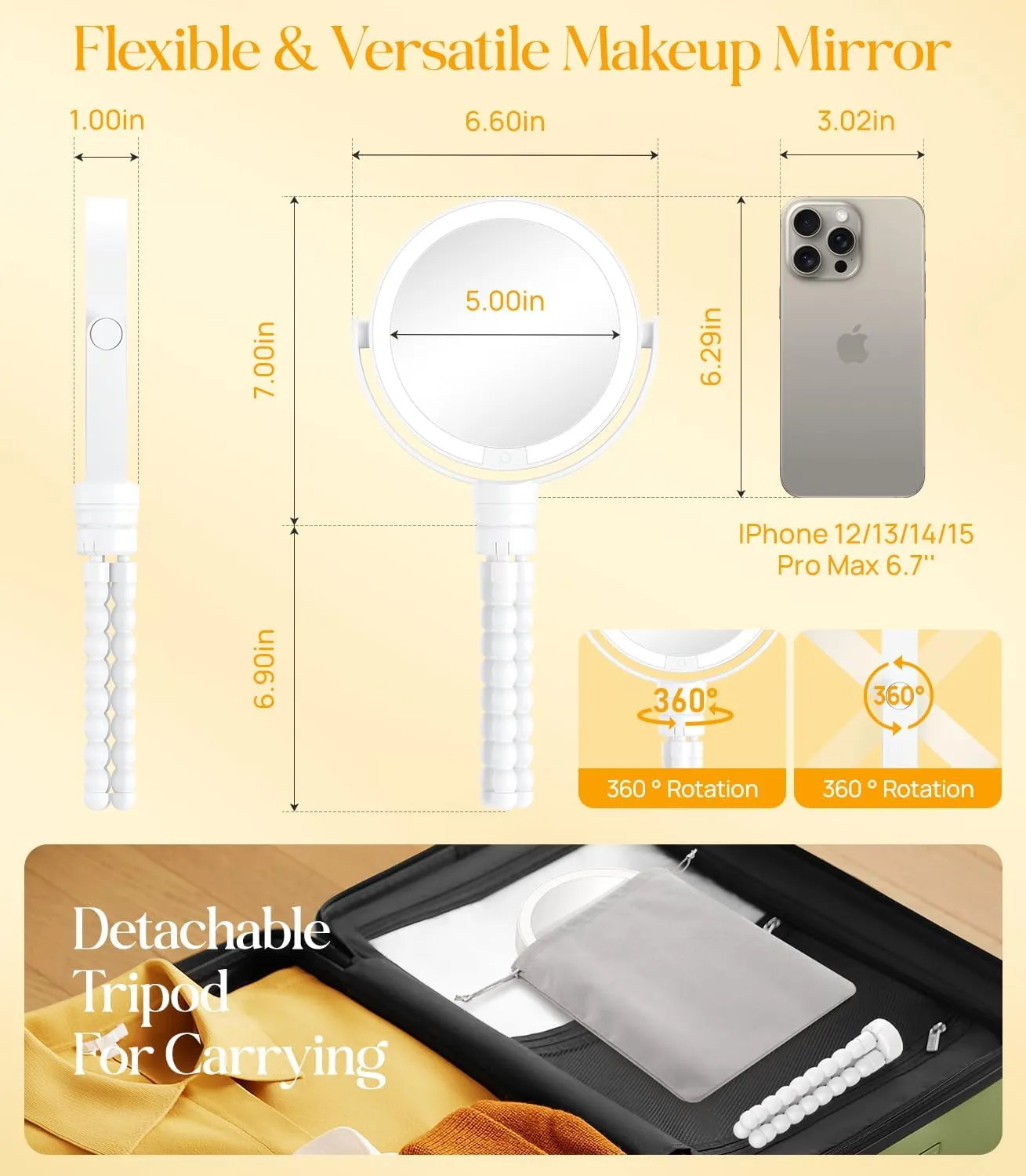 Gospire 5.85” Tripod Travel Makeup Mirror with Lights and Magnification 1X/10X, 4 in 1 Winding Hanging Handheld Tabletop, 3 Light Colors and Adjustable Brightness – White
