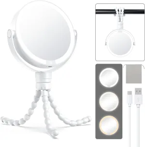 Gospire 5.85” Tripod Travel Makeup Mirror with Lights and Magnification 1X/10X, 4 in 1 Winding Hanging Handheld Tabletop, 3 Light Colors and Adjustable Brightness – White