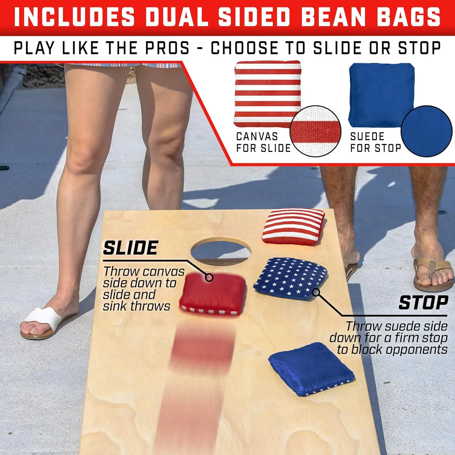 GoSports Dual Sided Cornhole Bean Bags - Slide and Stop Regulation Tournament Bean Bags, Set of 8