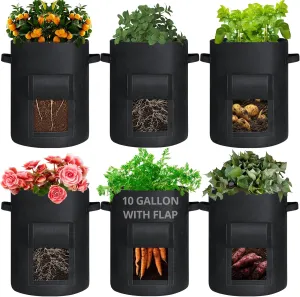 GOTGELIF 6 Pack 10 Gallon Potato Grow Bags with Flap, Thickened Nonwoven Fabric Grow Bags for Growing Potatoes, Carrots, Onion, etc Vegetables, Plants & Fruits - Black