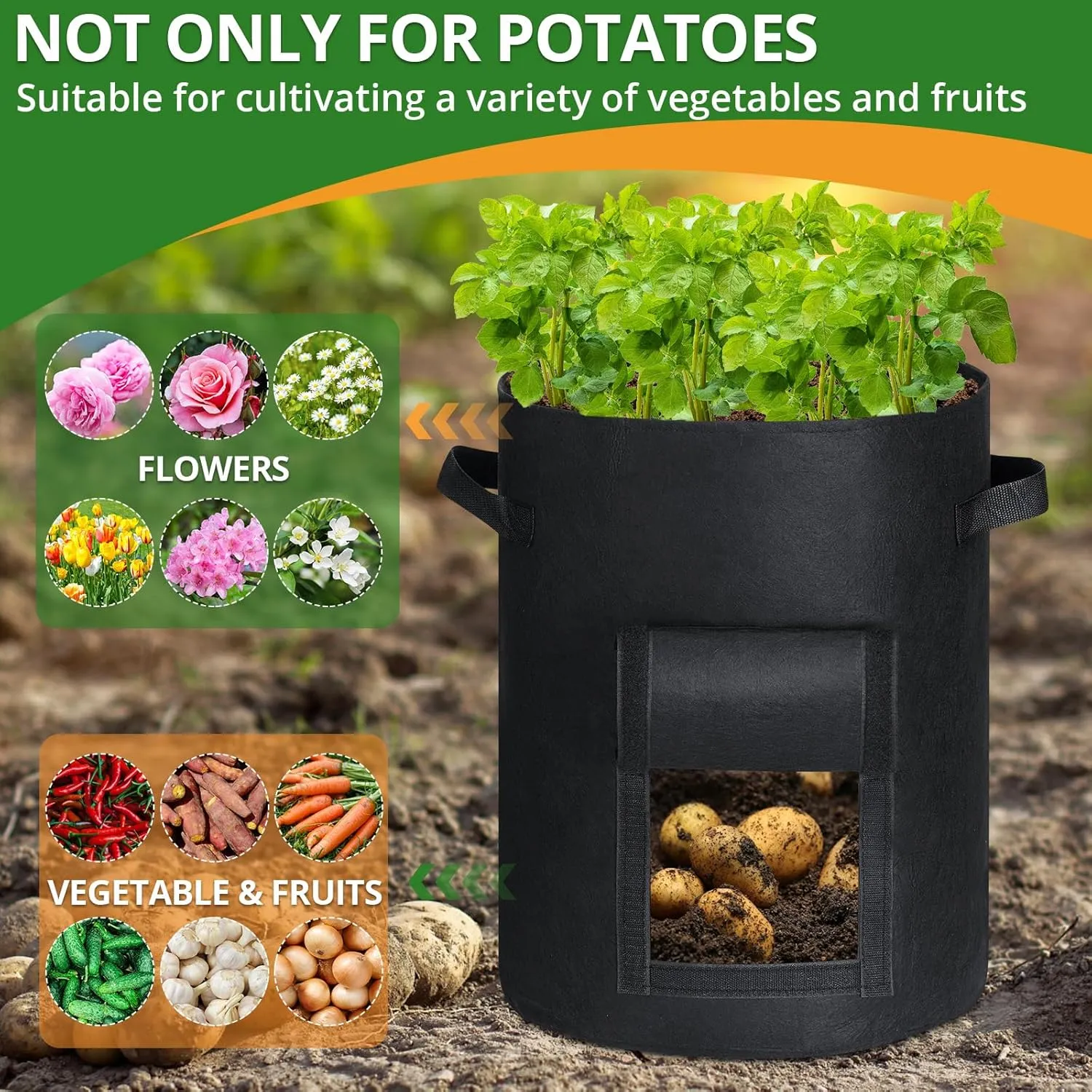 GOTGELIF 6 Pack 10 Gallon Potato Grow Bags with Flap, Thickened Nonwoven Fabric Grow Bags for Growing Potatoes, Carrots, Onion, etc Vegetables, Plants & Fruits - Black
