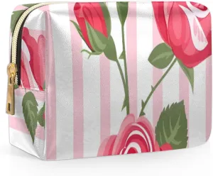 Graceful Rose Pattern Flower Travel Makeup Bag for Women, PU Leather Waterproof Checkered Cosmetic Bags Large Make up Bag Zipper Pouch