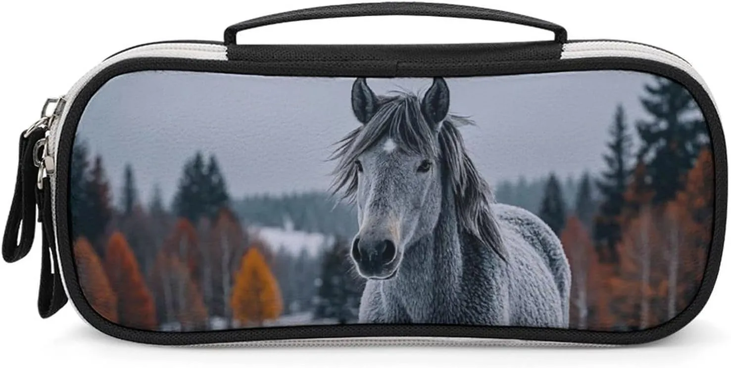 Gray Horse in Winter Landscape Snowy Wilderness Leather Makeup Bag Portable Small Cosmetic Organizer Waterproof Toiletry Bags Brushes Pencils And Travel Make Up Accessories