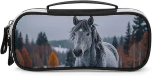 Gray Horse in Winter Landscape Snowy Wilderness Leather Makeup Bag Portable Small Cosmetic Organizer Waterproof Toiletry Bags Brushes Pencils And Travel Make Up Accessories