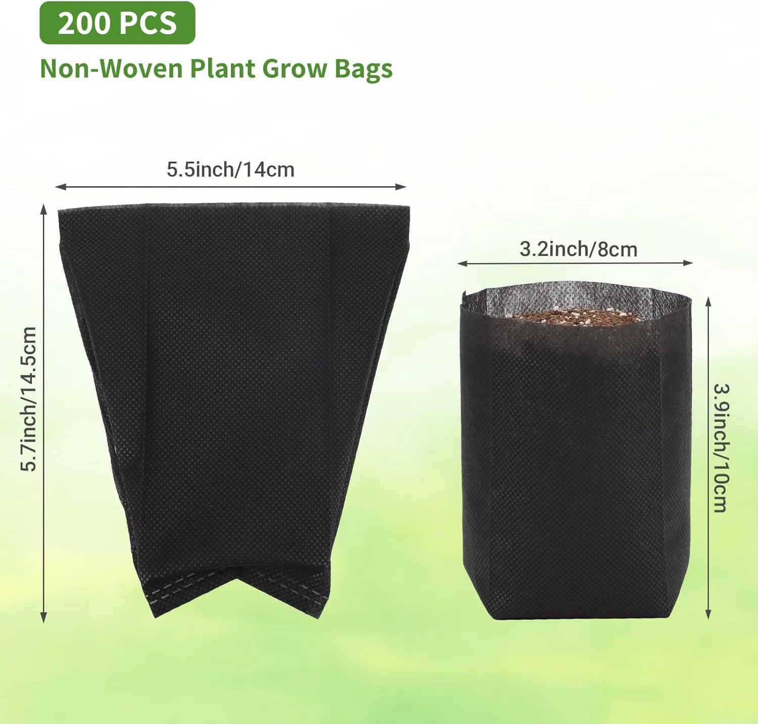 GREANER 200 PCS Biodegradable Grow Bags, Non-Woven Fabric Growing Pouches, Plant Nursery Bags for Planting, Grow Bags for Seed Starting, Soil Transplant, Home Garden Supply(5.5x5.7in)