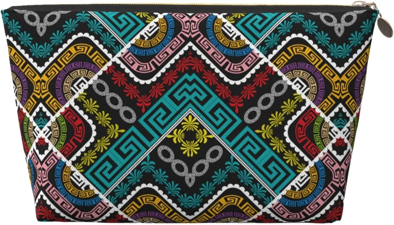 Greek Key Floral Lace Colorful Geometric Small Makeup Bag For Purse,Leather Cosmetic Bags For Girls Women Zipper Travel Toiletry Pouch Makeup Bags