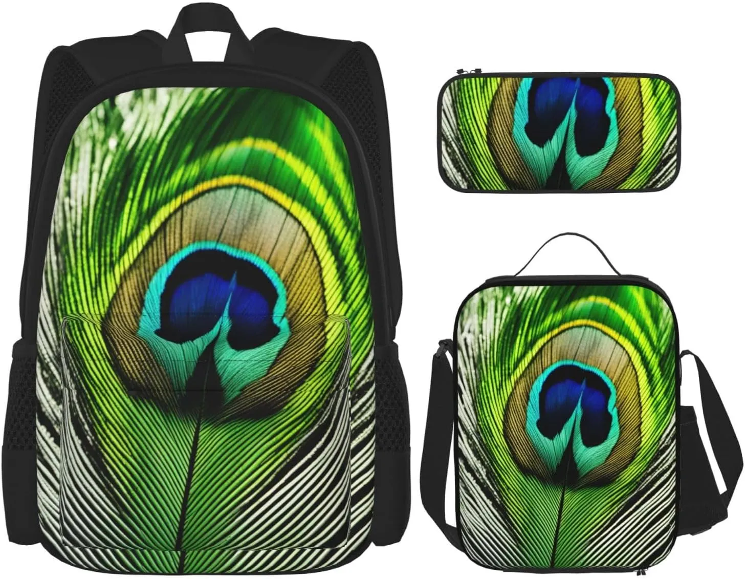 Green Peacock Feather print Minimalist Backpack Three Piece Travel Backpack Set Adjustable Shoulder Bag