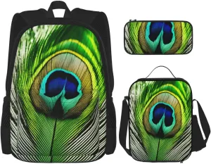 Green Peacock Feather print Minimalist Backpack Three Piece Travel Backpack Set Adjustable Shoulder Bag