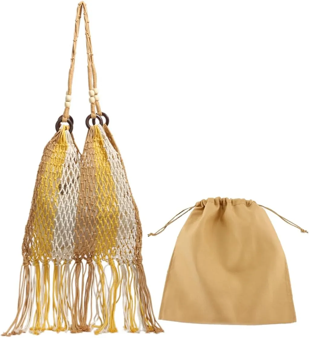 GRPKSSIB Boho Beach Bags Knitted Tote Bag Bohemian Crochet Purse Handbags Summer Shoulder Bag Tassels for Women
