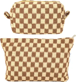 GUTGNK 2Pcs Makeup Bag For Women - Large Checkered Knitted Cosmetic Bags&Small Makeup Pouch Aesthetic Design Travel Toiletry Bag Skincare Bag Car Storage Bag With Zipper(Khaki)