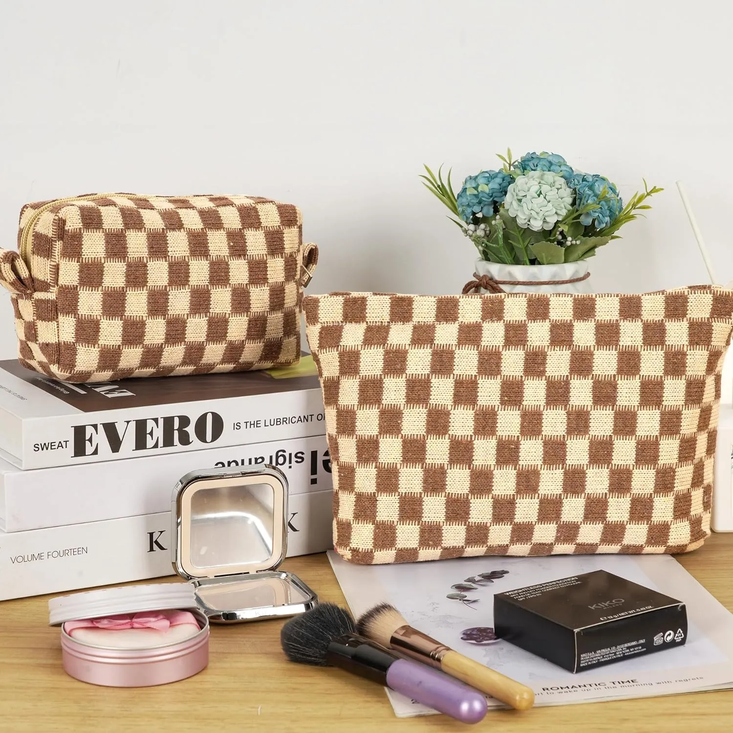 GUTGNK 2Pcs Makeup Bag For Women - Large Checkered Knitted Cosmetic Bags&Small Makeup Pouch Aesthetic Design Travel Toiletry Bag Skincare Bag Car Storage Bag With Zipper(Khaki)