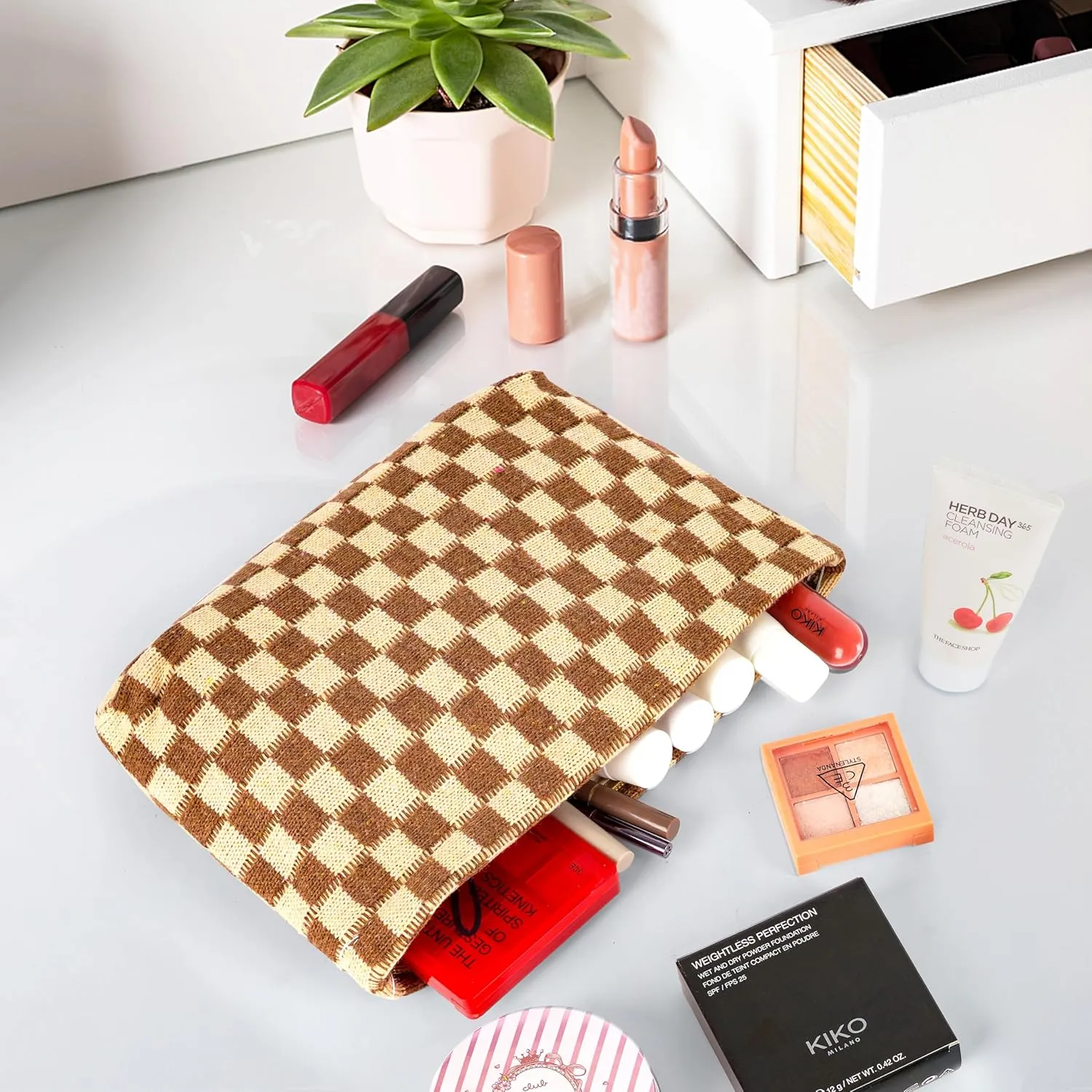 GUTGNK 2Pcs Makeup Bag For Women - Large Checkered Knitted Cosmetic Bags&Small Makeup Pouch Aesthetic Design Travel Toiletry Bag Skincare Bag Car Storage Bag With Zipper(Khaki)