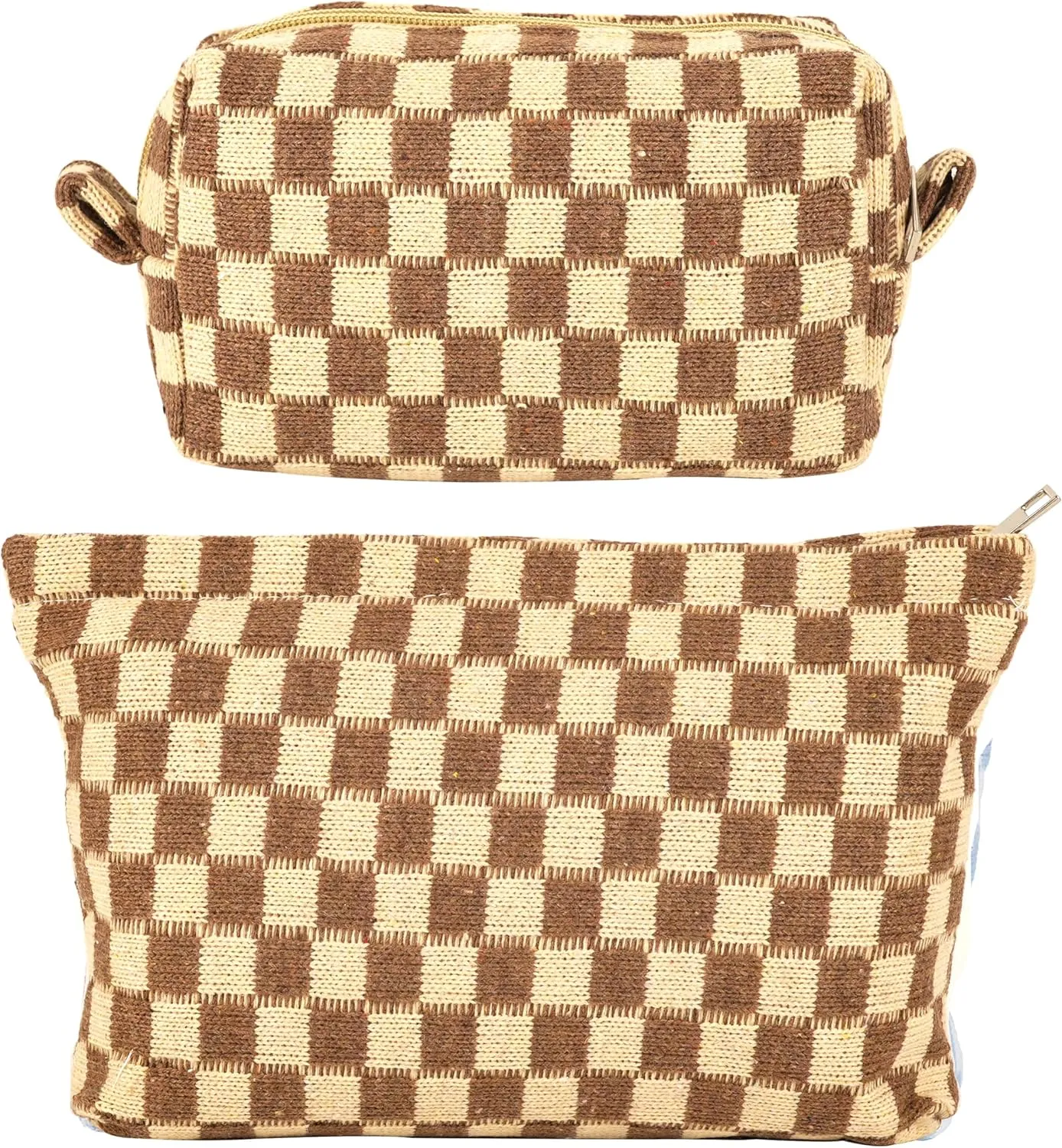GUTGNK 2Pcs Makeup Bag For Women - Large Checkered Knitted Cosmetic Bags&Small Makeup Pouch Aesthetic Design Travel Toiletry Bag Skincare Bag Car Storage Bag With Zipper(Khaki)