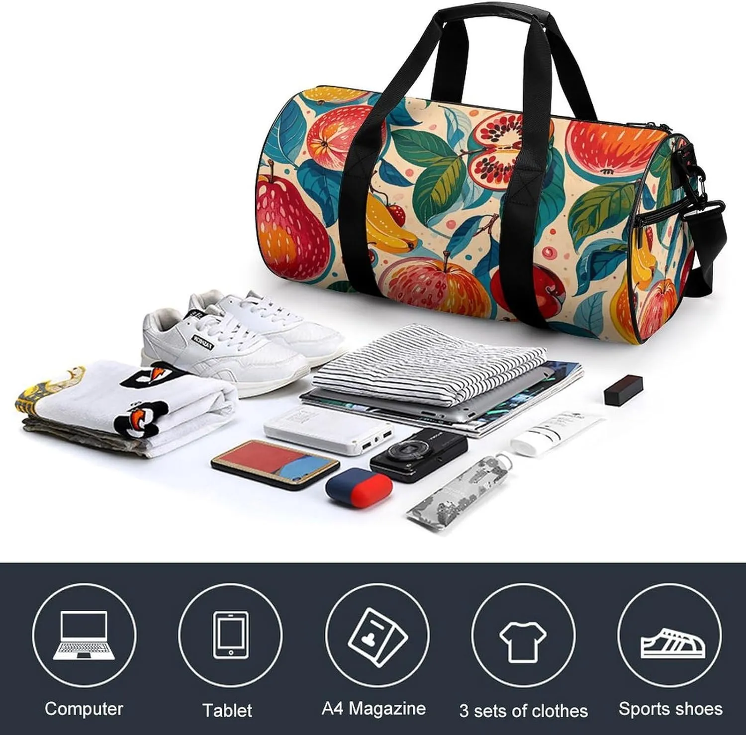 Gym Bags for Men Women Antique Fruit Pattern Duffle Bag Travel Overnight Bag with Shoe Compartment Tote Bags