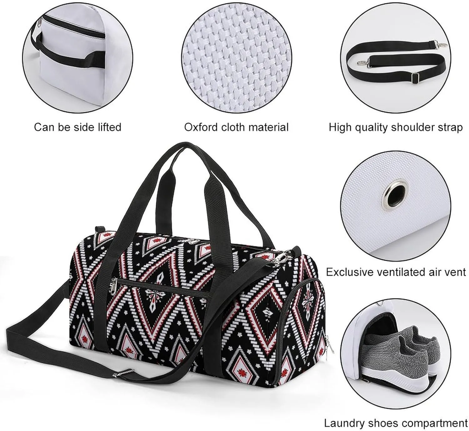 Gym Duffel Bag with Shoe Compartment Wet Pocket, Ethnic Geometric Pattern Travel Bag for Men Women