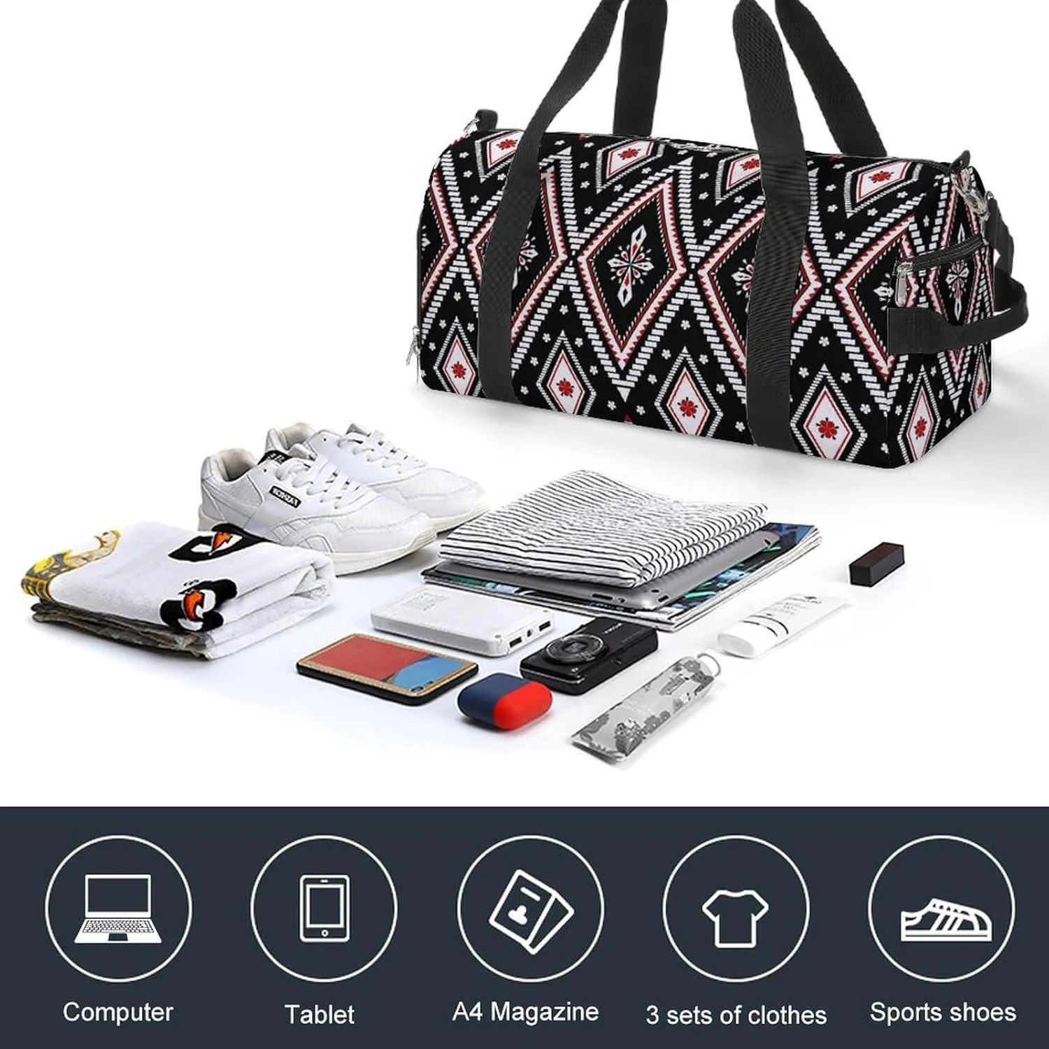Gym Duffel Bag with Shoe Compartment Wet Pocket, Ethnic Geometric Pattern Travel Bag for Men Women
