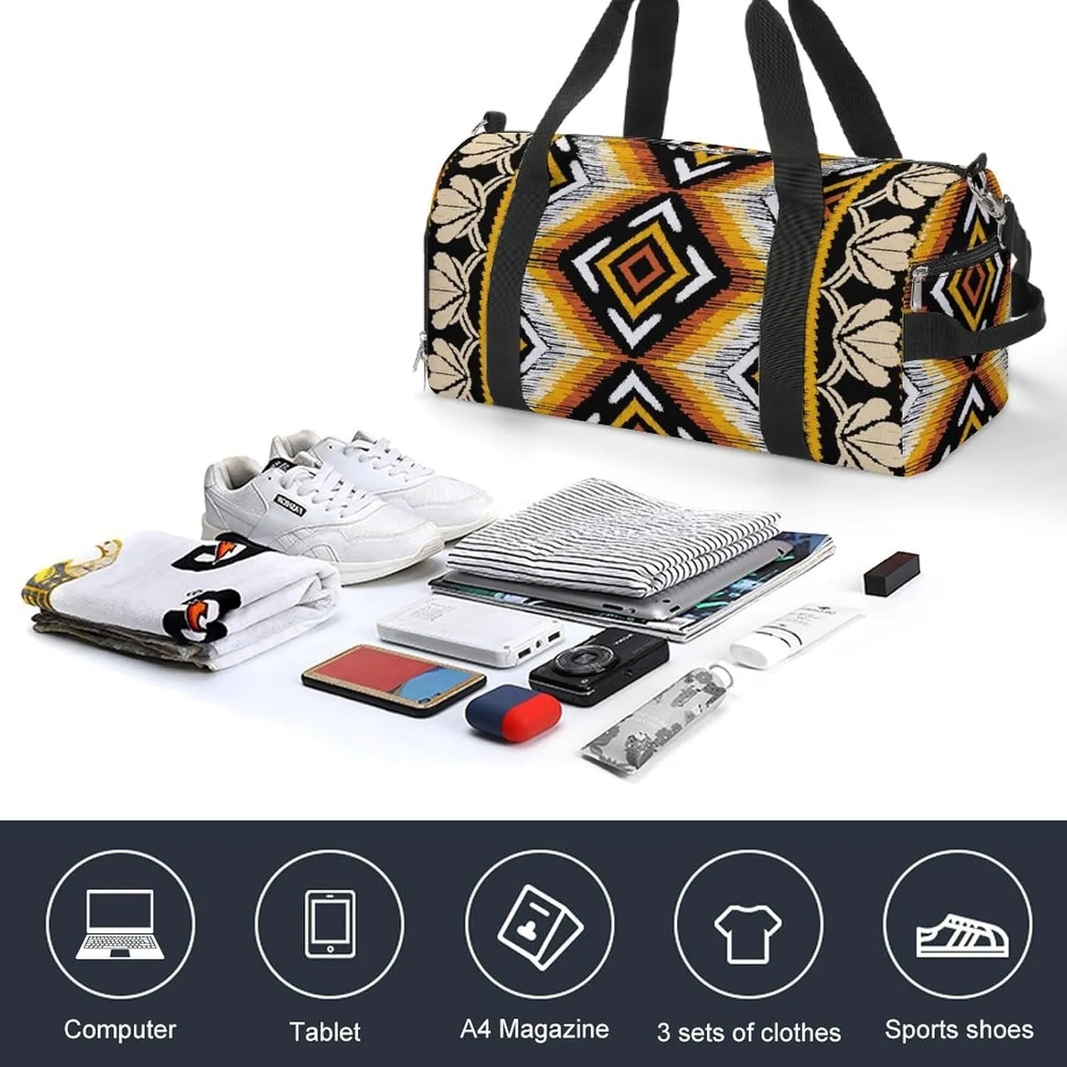 Gym Duffel Bag with Shoe Compartment Wet Pocket, Ethnic Geometric Print Travel Bag for Men Women